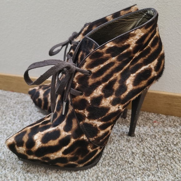 Lanvin Platform Stiletto Leopard Print Leather Calf Hair Ankle Boots Booties - Picture 4 of 8
